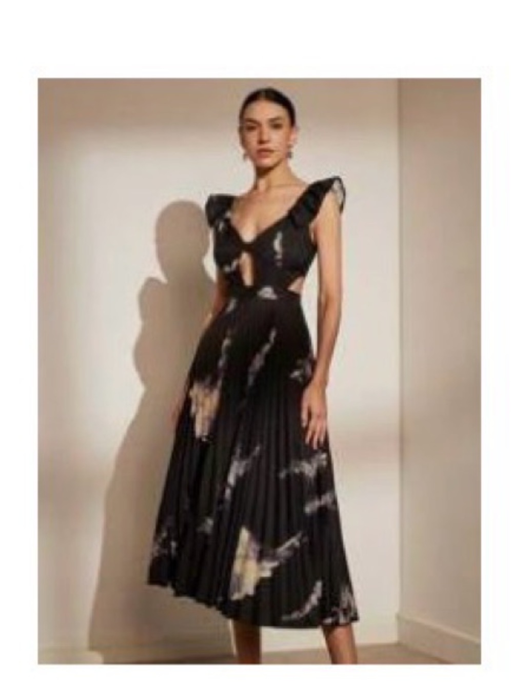 SHEIN Black Tie-Dye Midi Dress with Ruffle Sleeves and Cutouts
